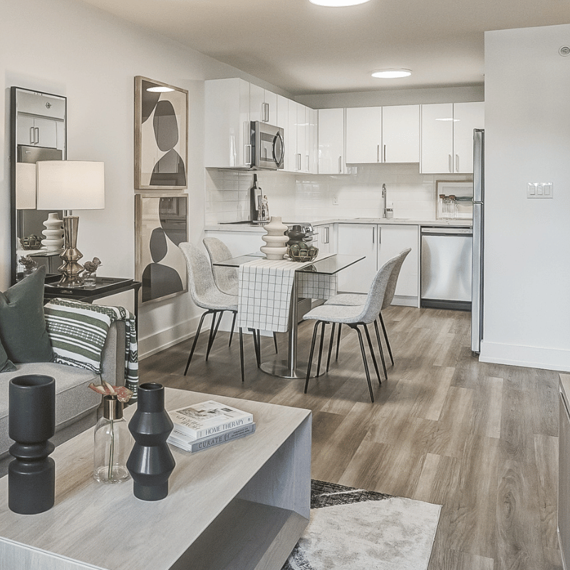 Staged open-concept living room and kitchen at Elora.